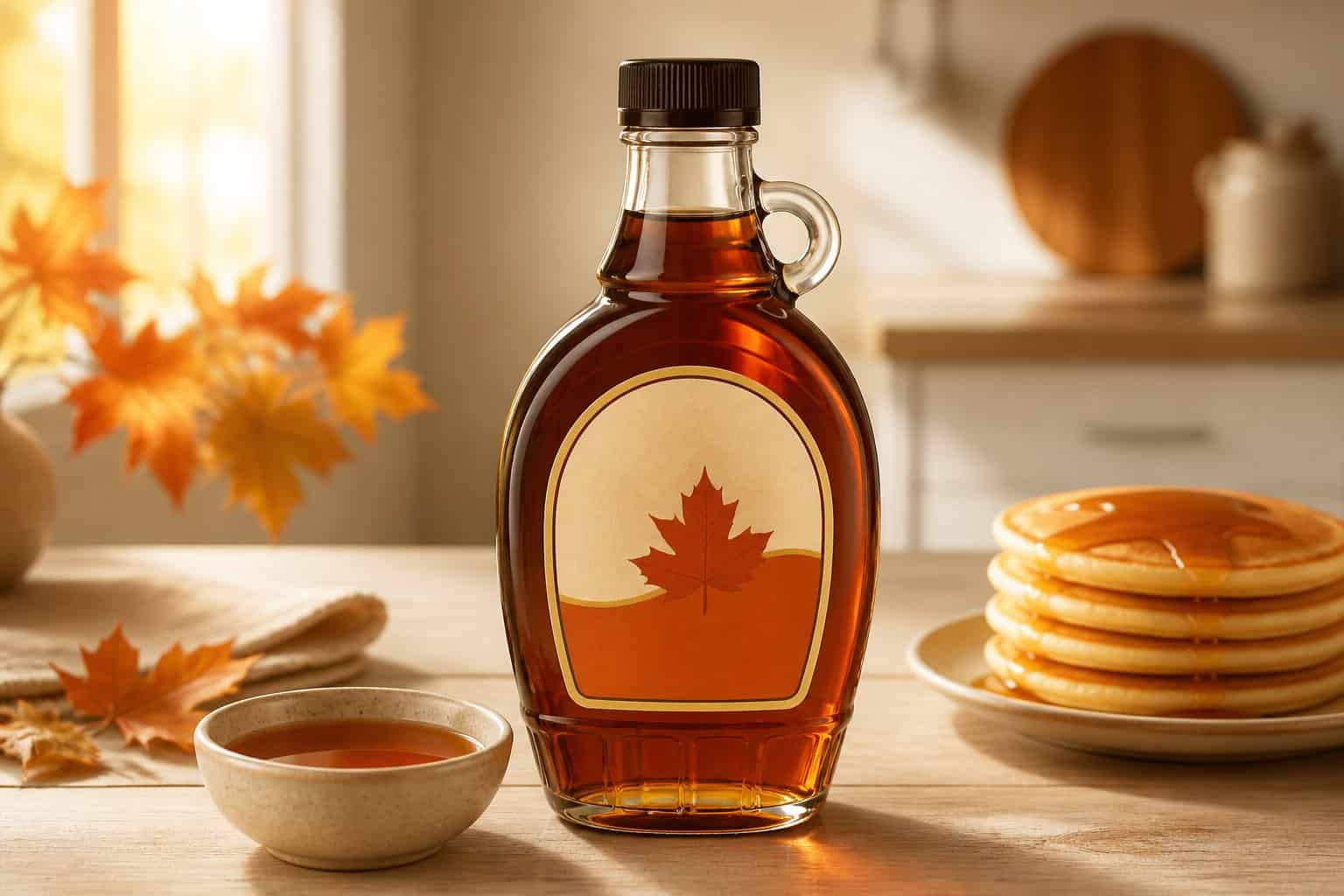 A bottle of maple syrup beside pancakes and a bowl of syrup on a kitchen table.