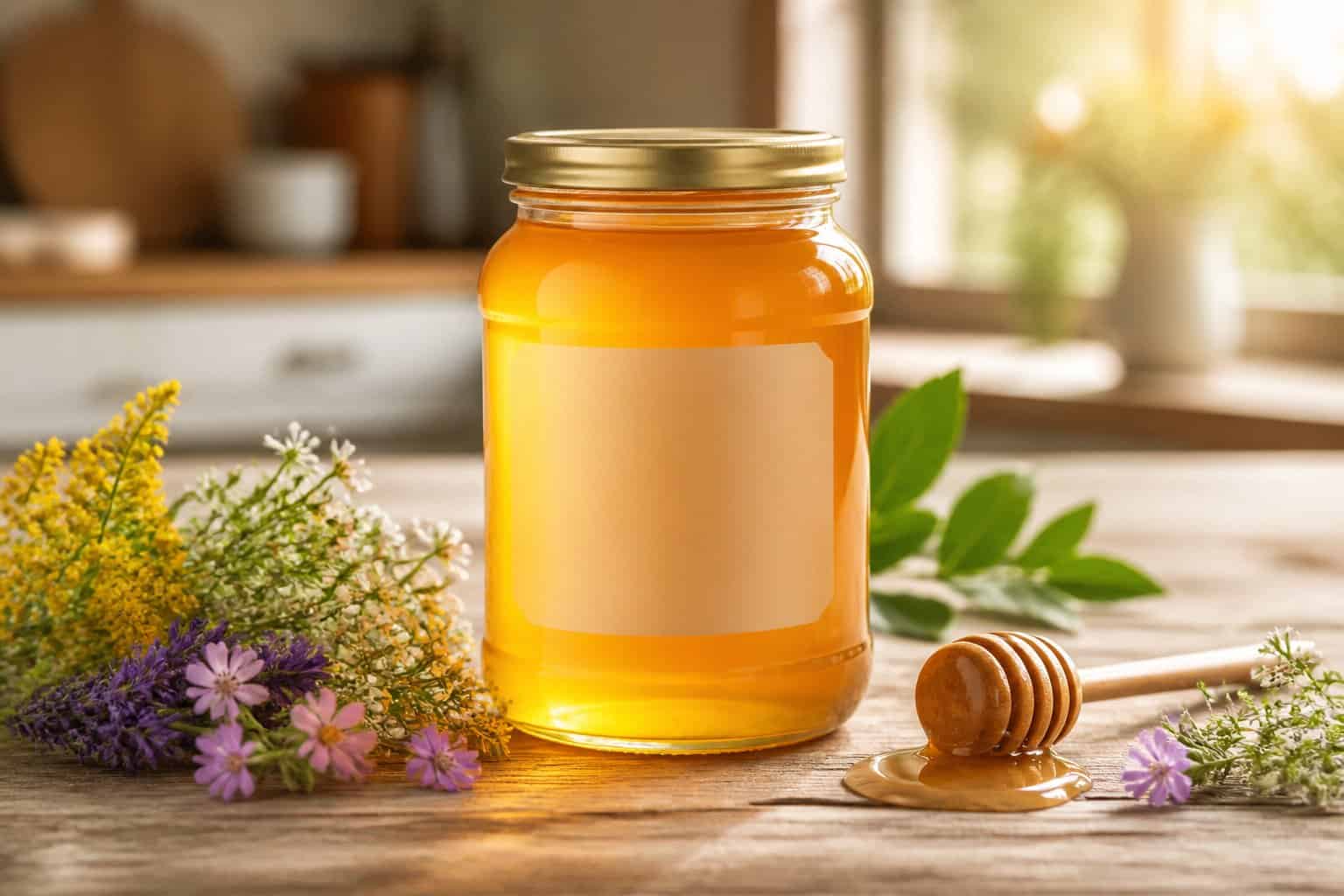 A jar of golden wildflower honey surrounded by small flowers on a wooden kitchen surface.