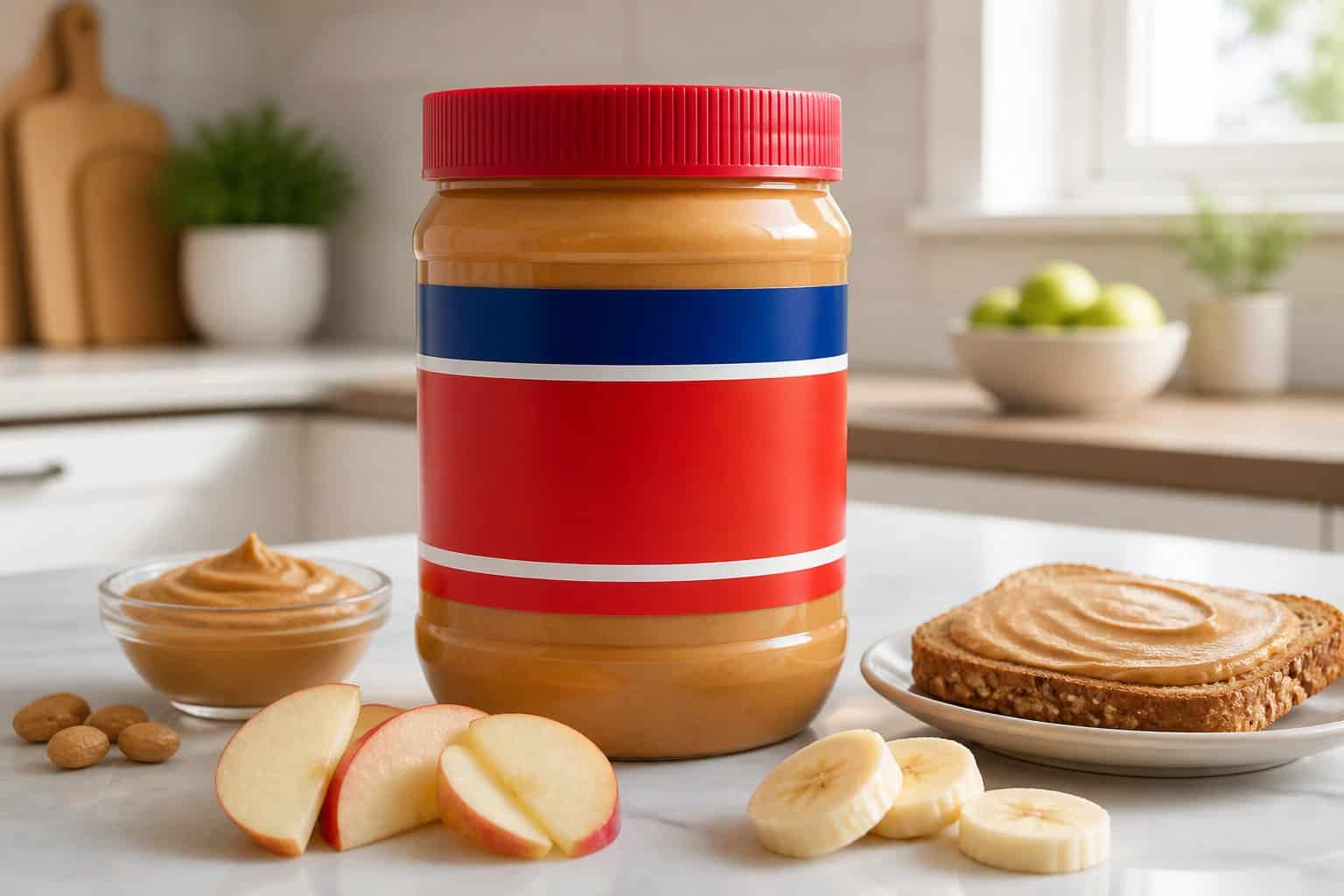 A jar of peanut butter on a kitchen counter surrounded by toast, fruit, and peanuts.