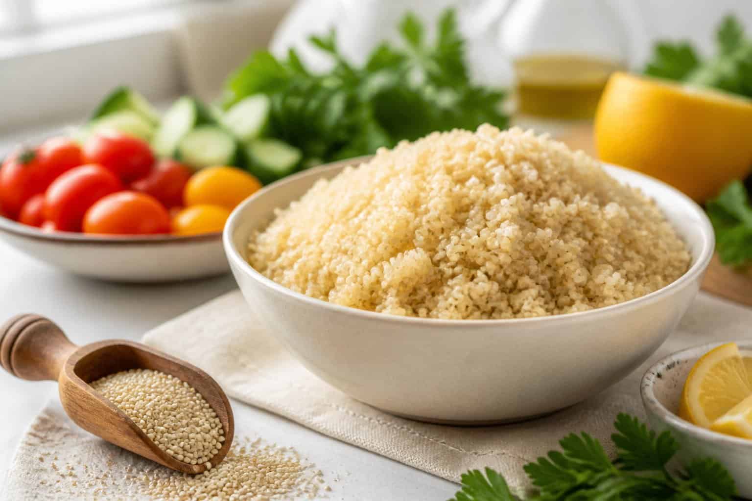 A bowl of cooked quinoa with a wooden scoop of uncooked grains and fresh ingredients on a light countertop.
