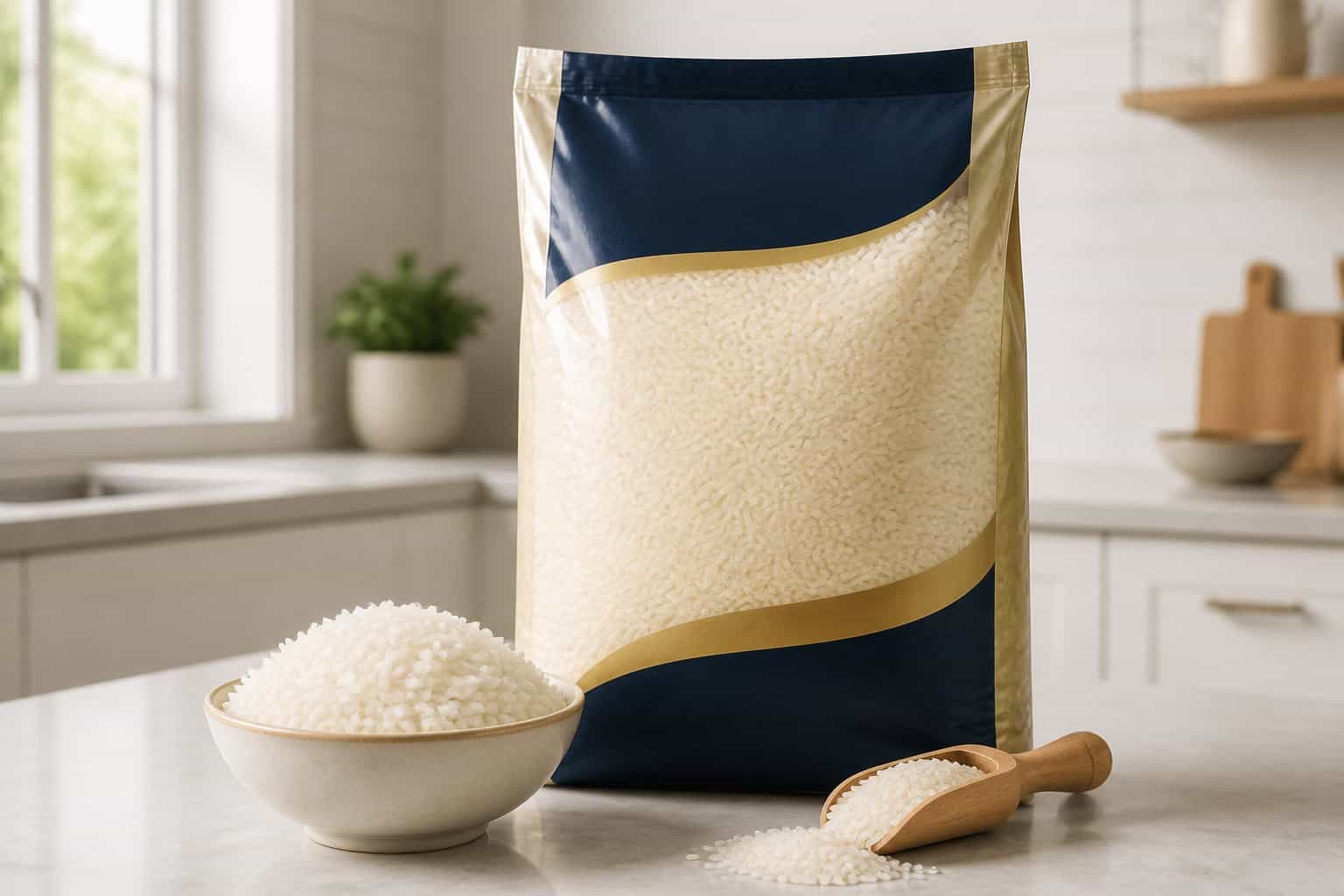 A large bag of jasmine rice beside a bowl of cooked rice on a kitchen countertop.