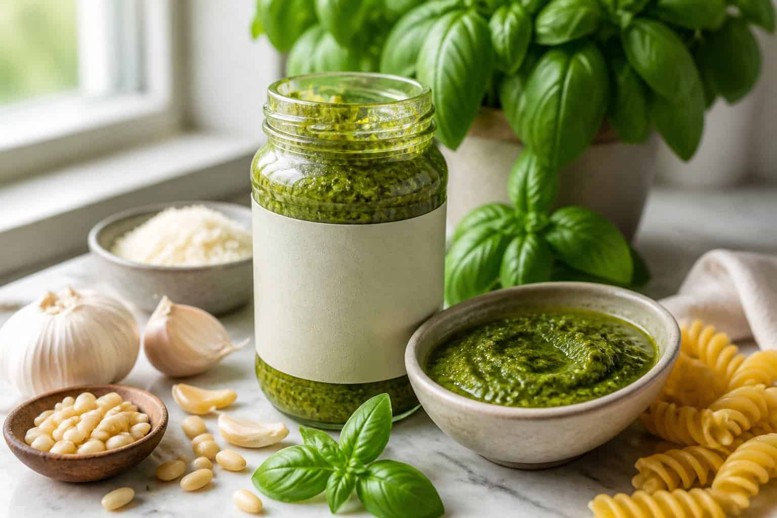 A jar and bowl of green basil pesto surrounded by basil leaves, pine nuts, garlic, Parmesan, and pasta on a kitchen counter.