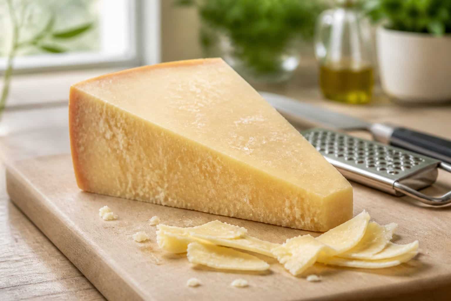 A wedge of Parmesan cheese with shaved pieces on a wooden cutting board beside a cheese grater.