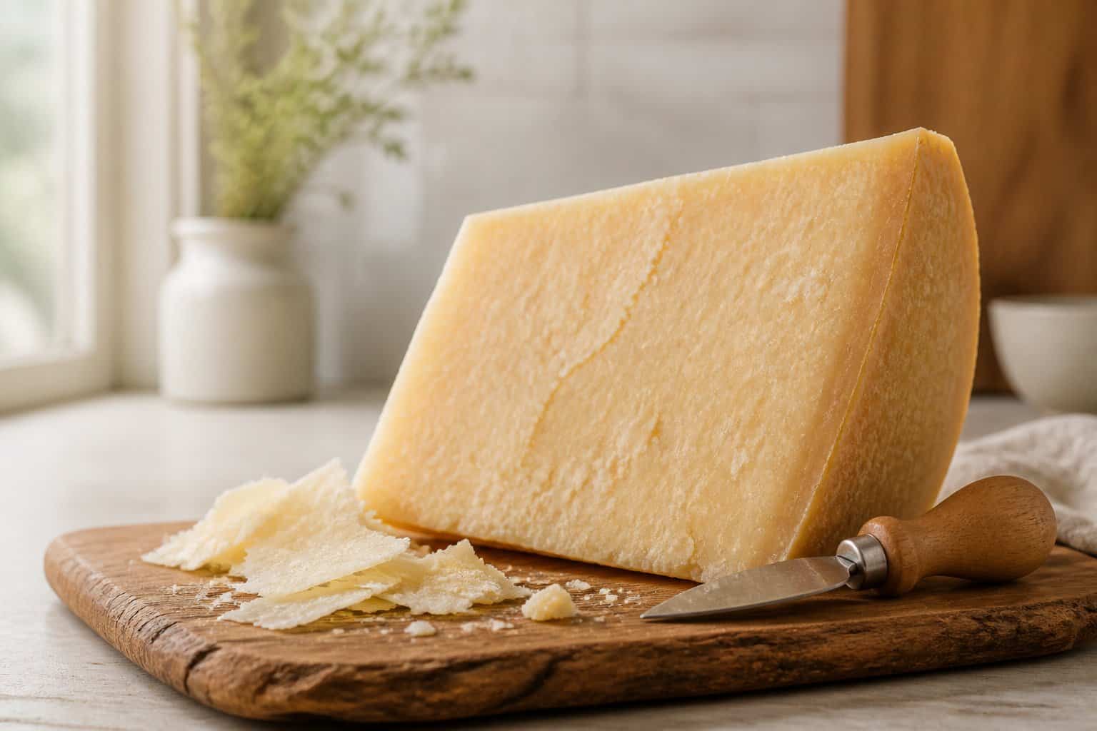A wedge of Parmesan cheese with shaved curls on a wooden cutting board.