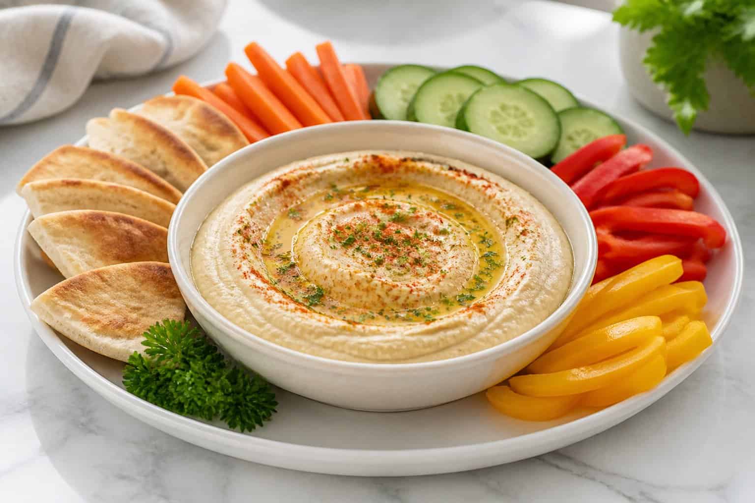 A bowl of creamy hummus surrounded by pita bread and fresh vegetable slices.