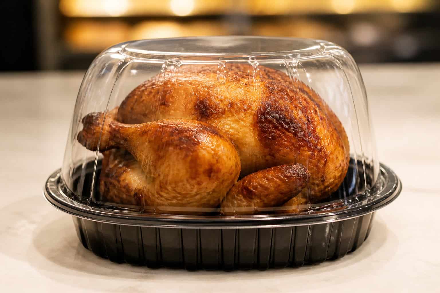 A golden-brown rotisserie chicken in a clear plastic container on a countertop.