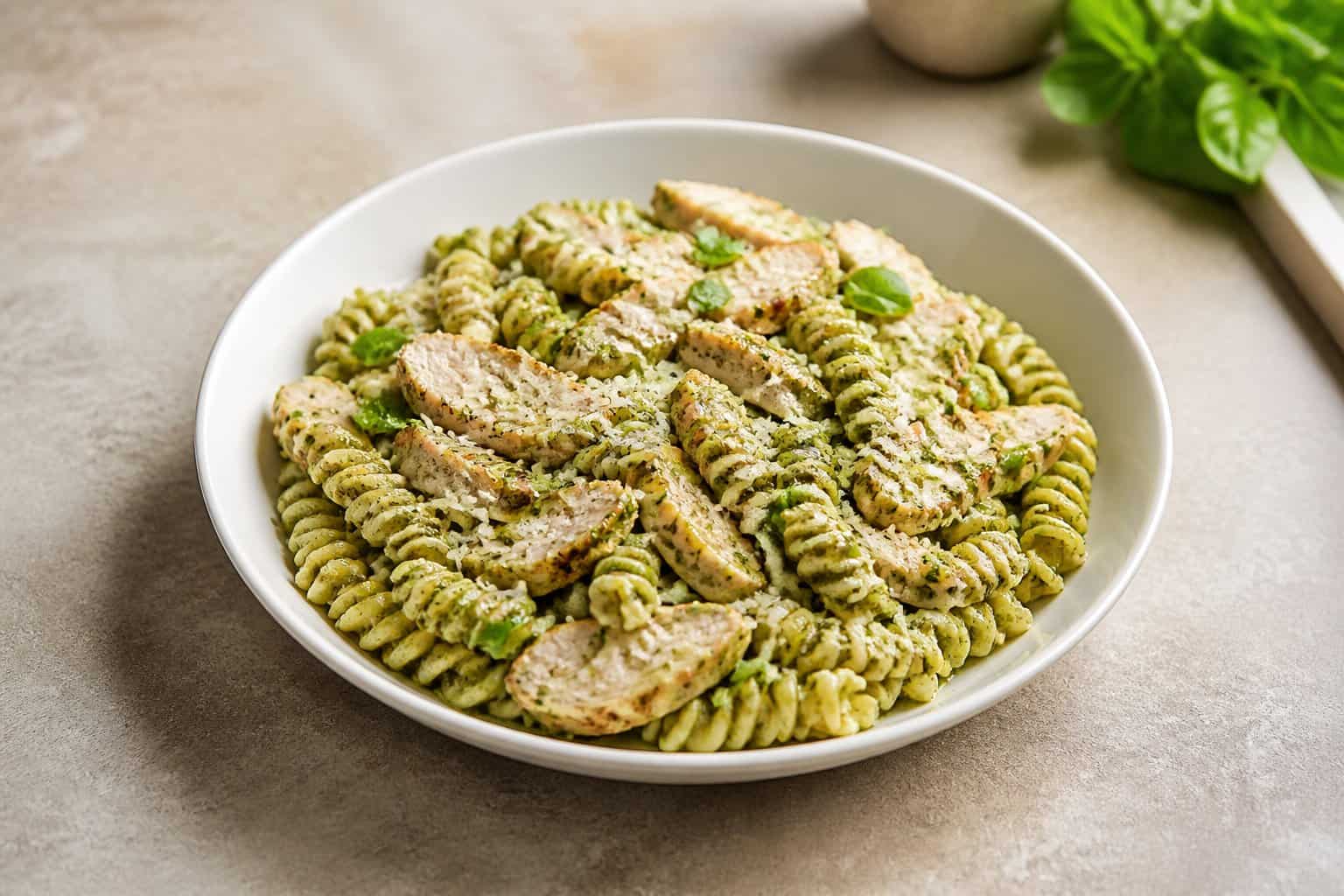 A bowl of creamy pesto pasta with sliced grilled chicken, Parmesan, and fresh basil.
