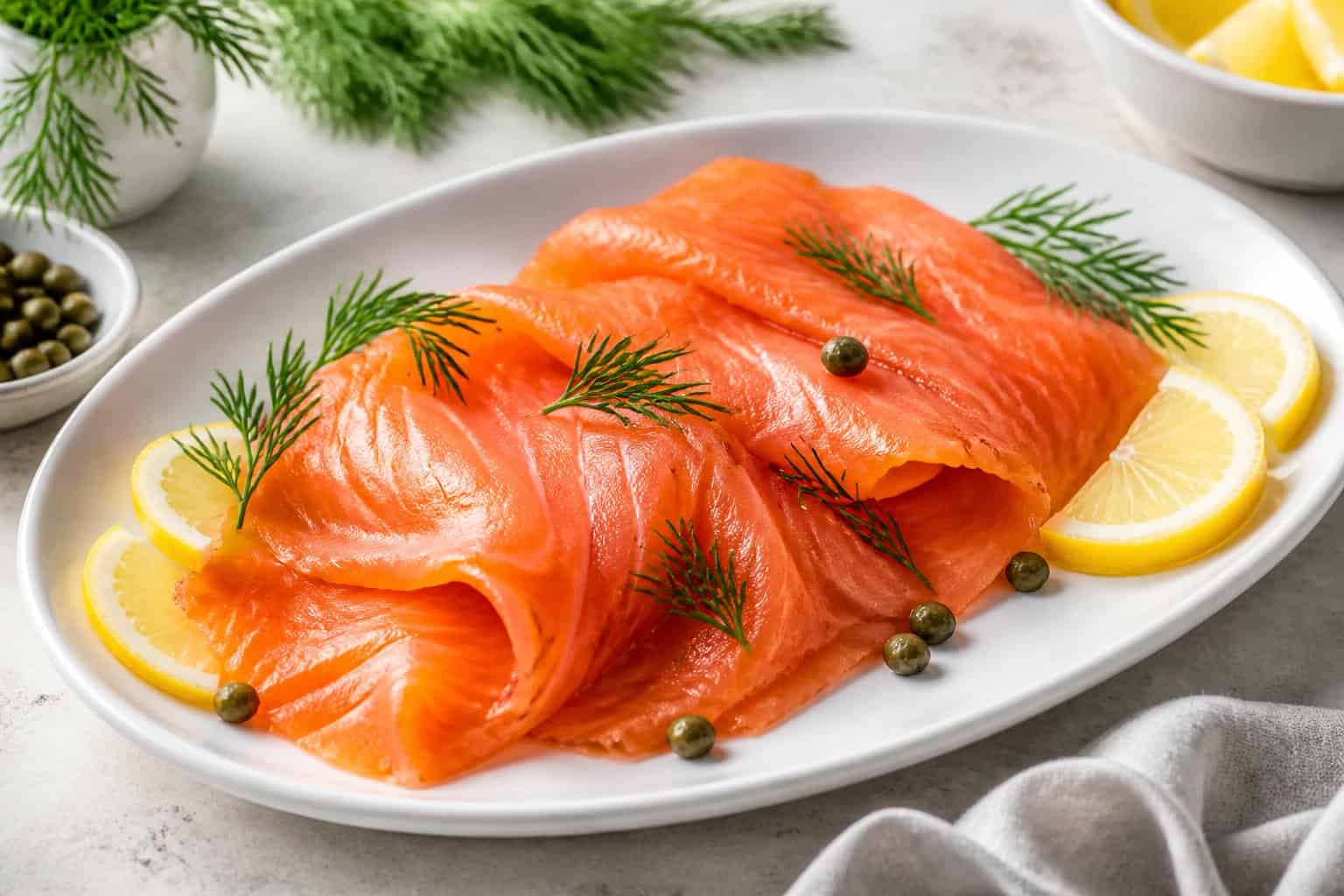 Slices of smoked salmon arranged on a white plate with dill, lemon wedges, and capers.