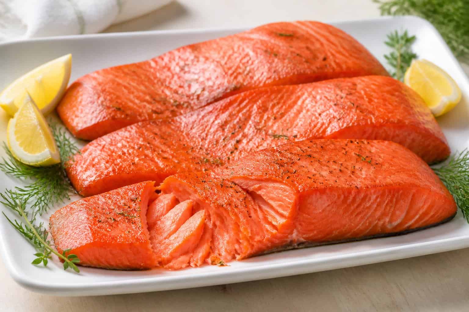 Several cooked sockeye salmon fillets arranged on a white plate with lemon wedges and fresh herbs.