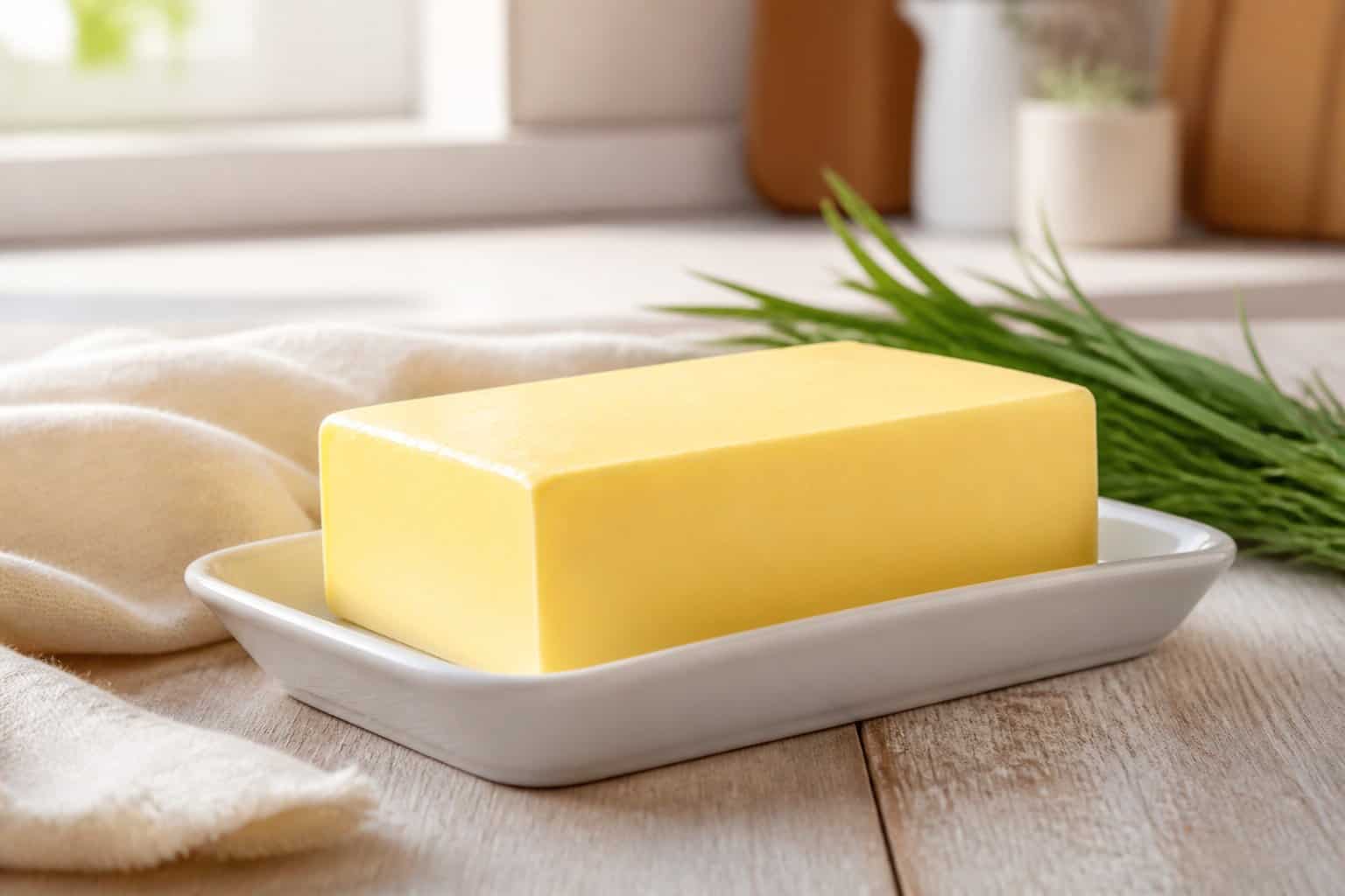 A block of golden butter on a white dish beside a folded cloth on a wooden table.
