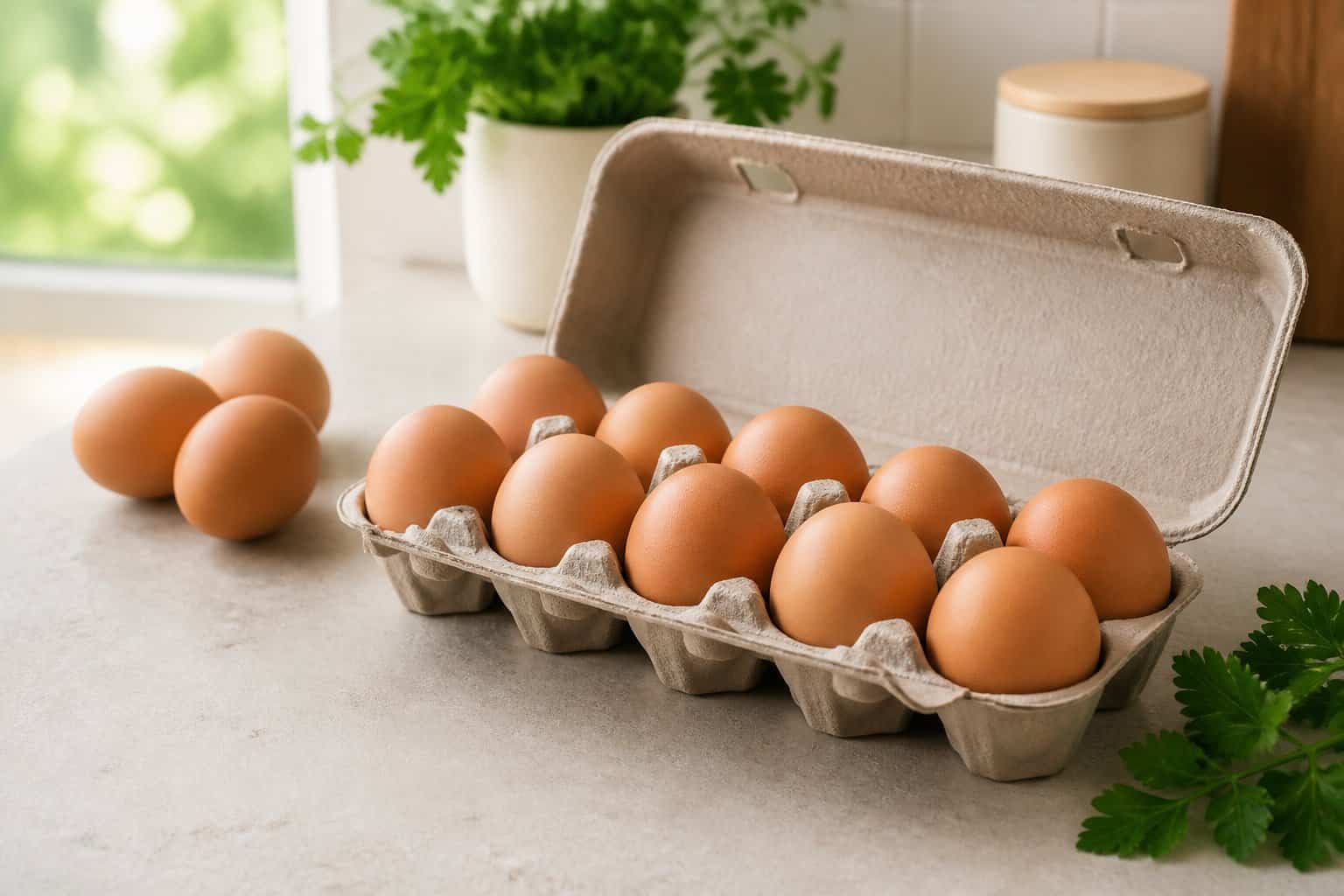 An open carton of brown eggs on a bright kitchen countertop with a few eggs and green leaves nearby.