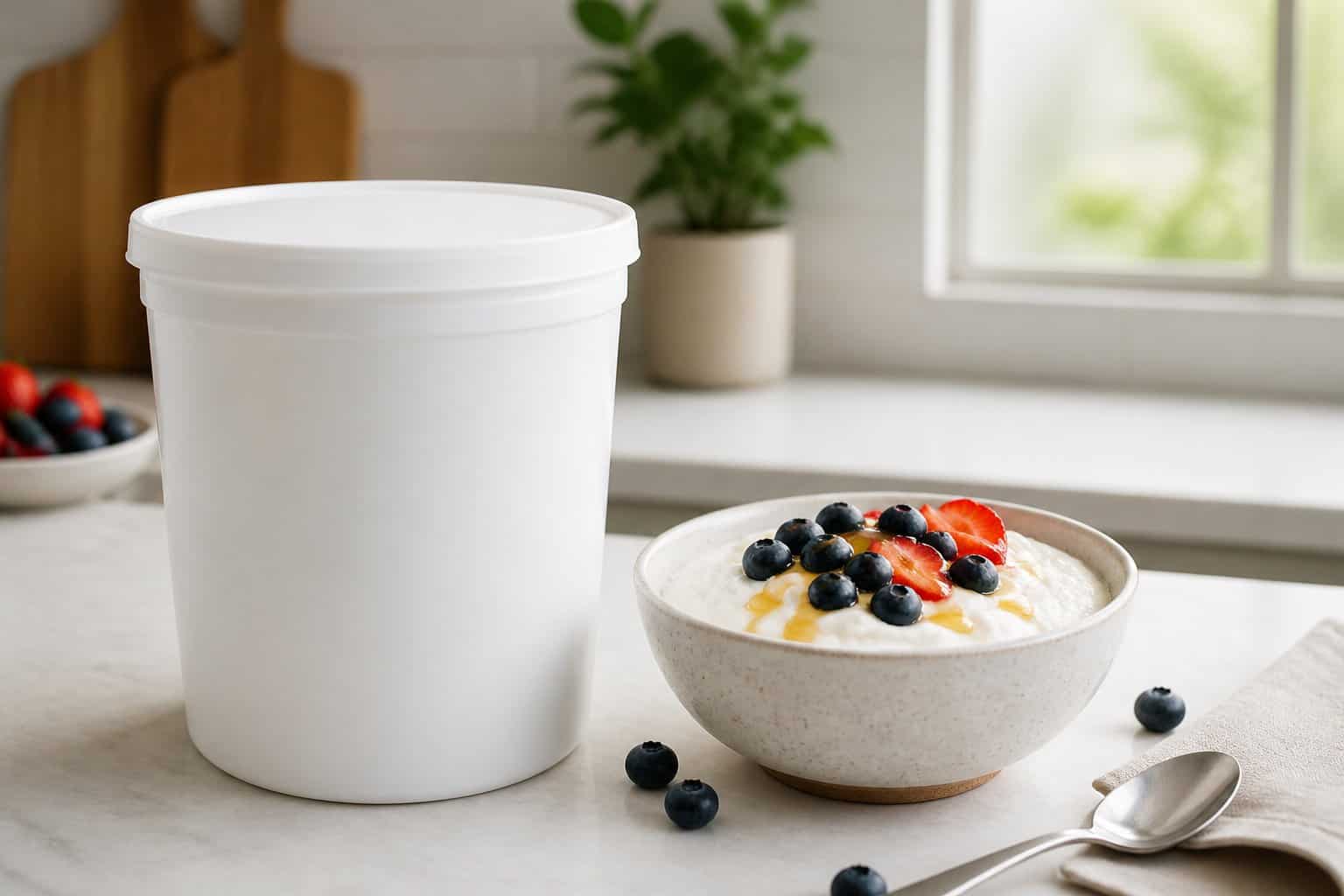 A tub of Greek yogurt sits beside a bowl of yogurt topped with berries and honey on a kitchen counter.