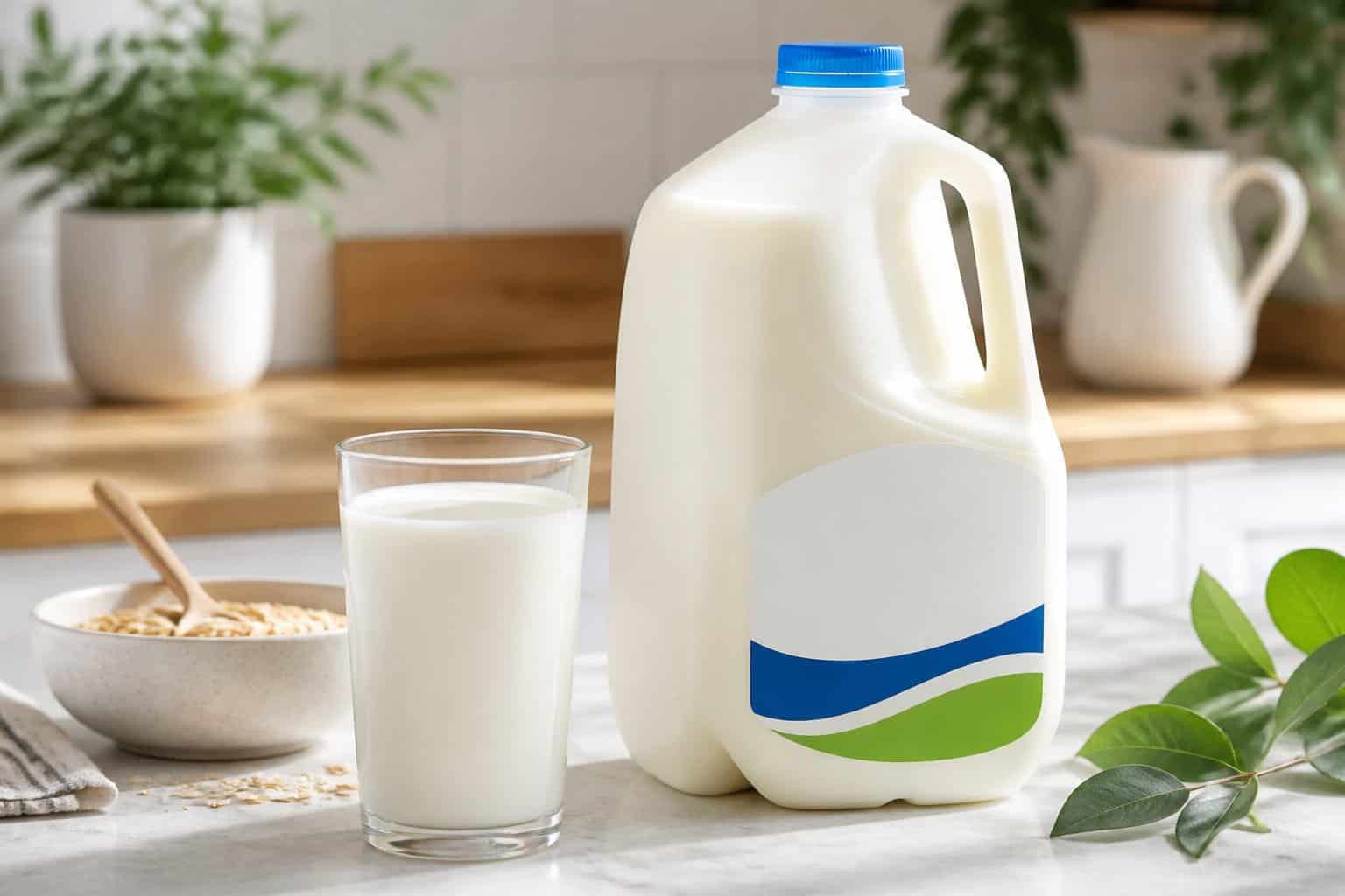 A chilled milk jug stands beside a glass of milk on a bright kitchen counter.