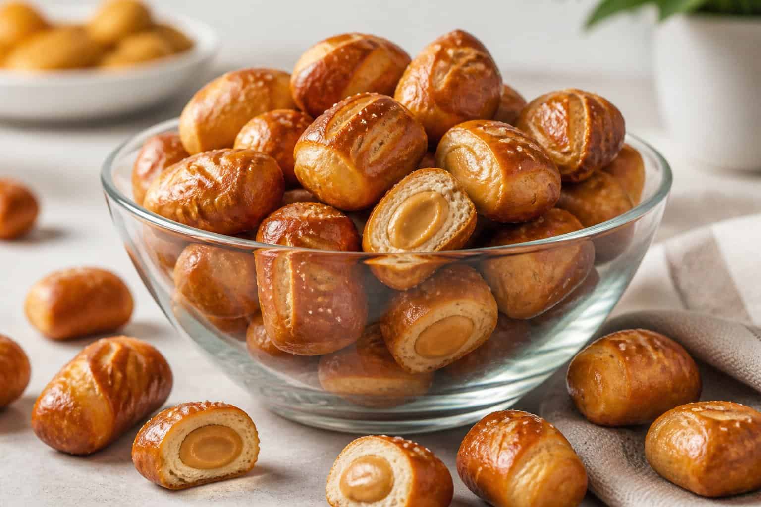 A bowl of golden pretzel bites, including several pieces showing creamy peanut butter filling.
