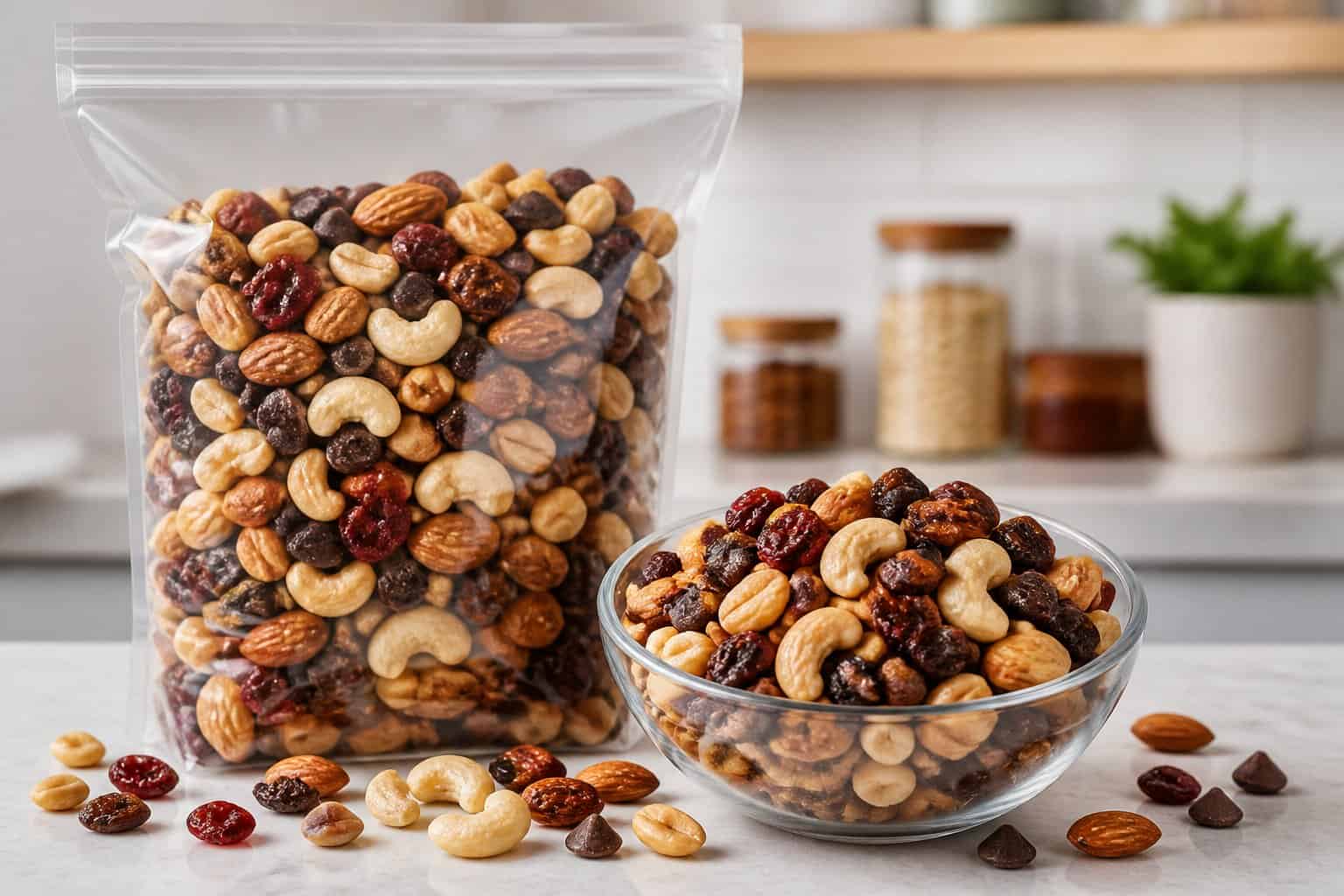 A bowl of colorful trail mix with nuts, dried fruit, and chocolate pieces on a kitchen surface.