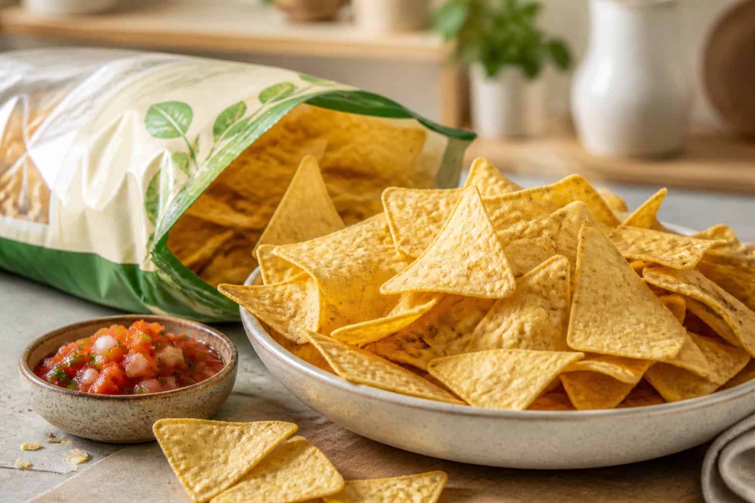 A pile of golden tortilla chips beside a bowl of salsa and a partially opened chip bag.