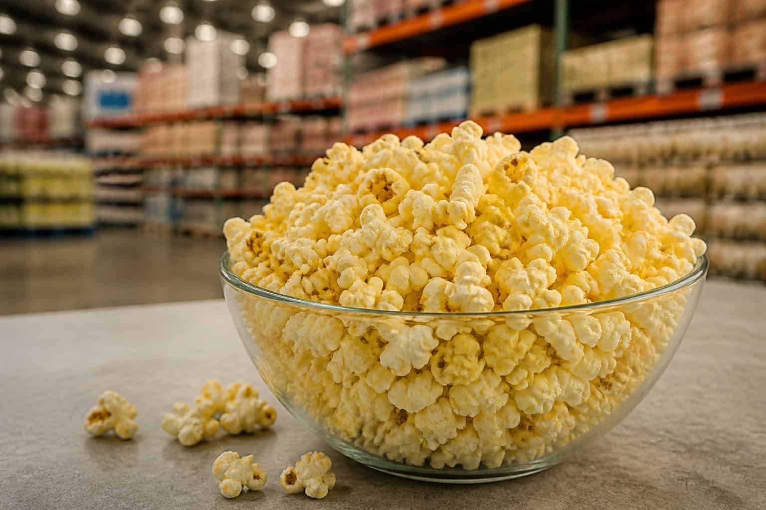 A bowl of freshly popped popcorn in a warehouse-style grocery setting.