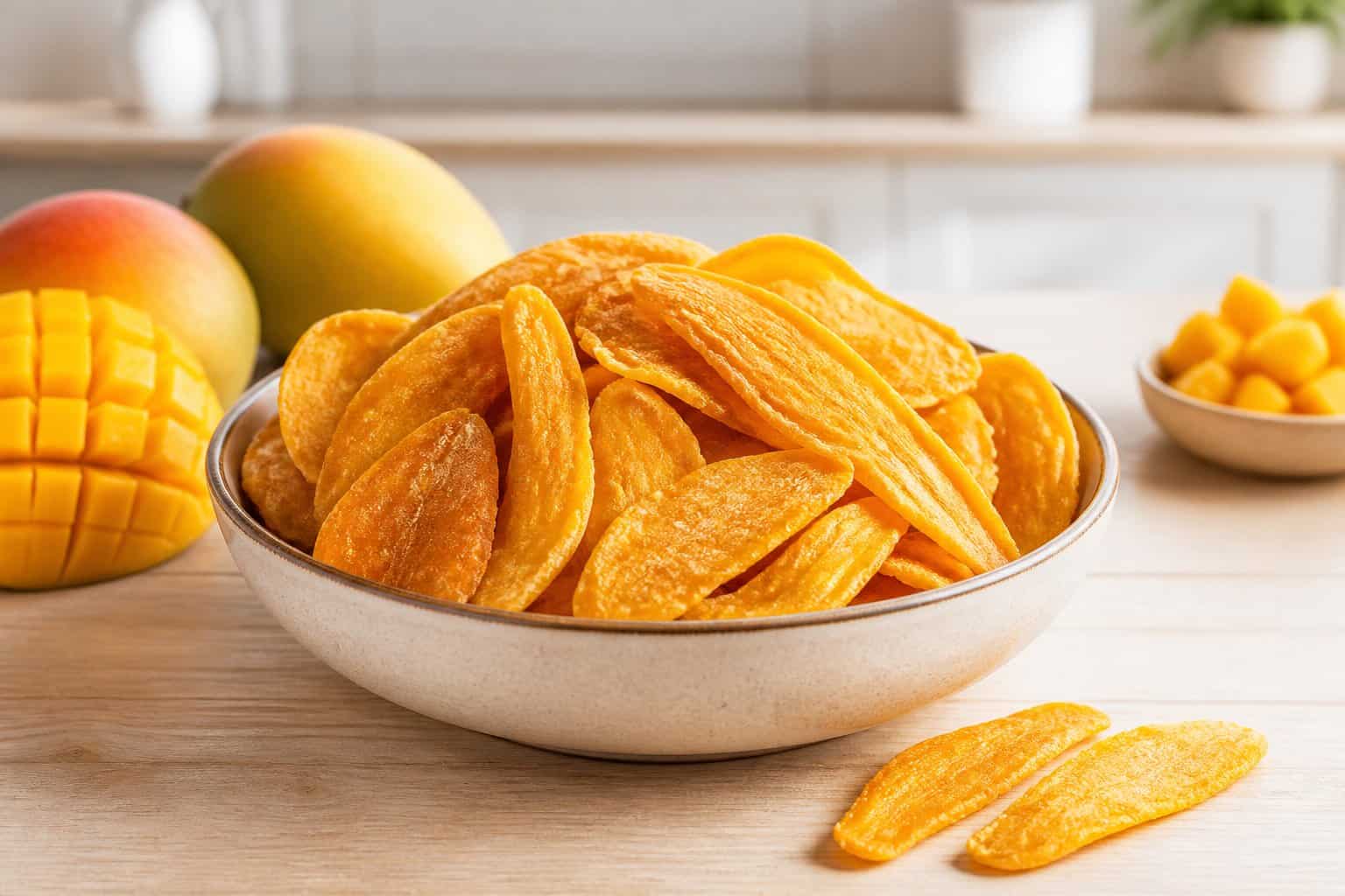 A bowl of golden dried mango slices with fresh mangoes on a wooden tabletop.