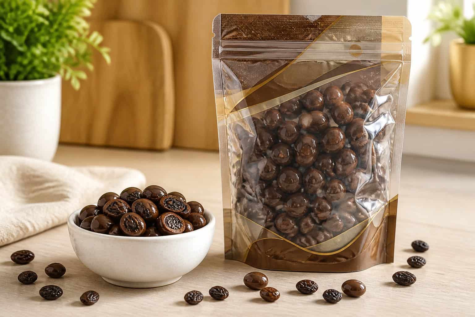 A resealable pouch of chocolate-covered raisins beside a small bowl of the candies on a countertop.