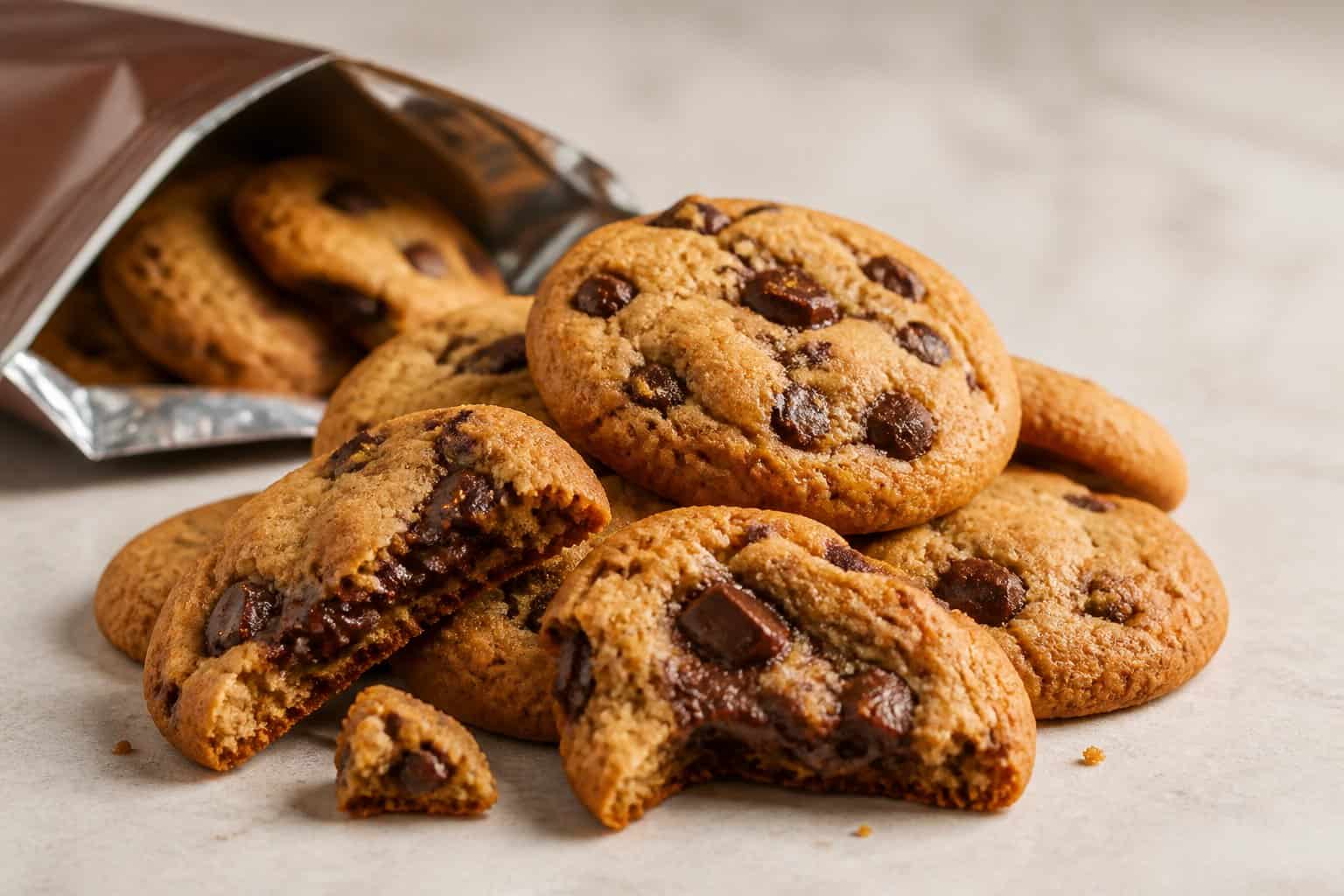 A pile of chocolate chunk cookies with melted chocolate pieces on a neutral countertop.