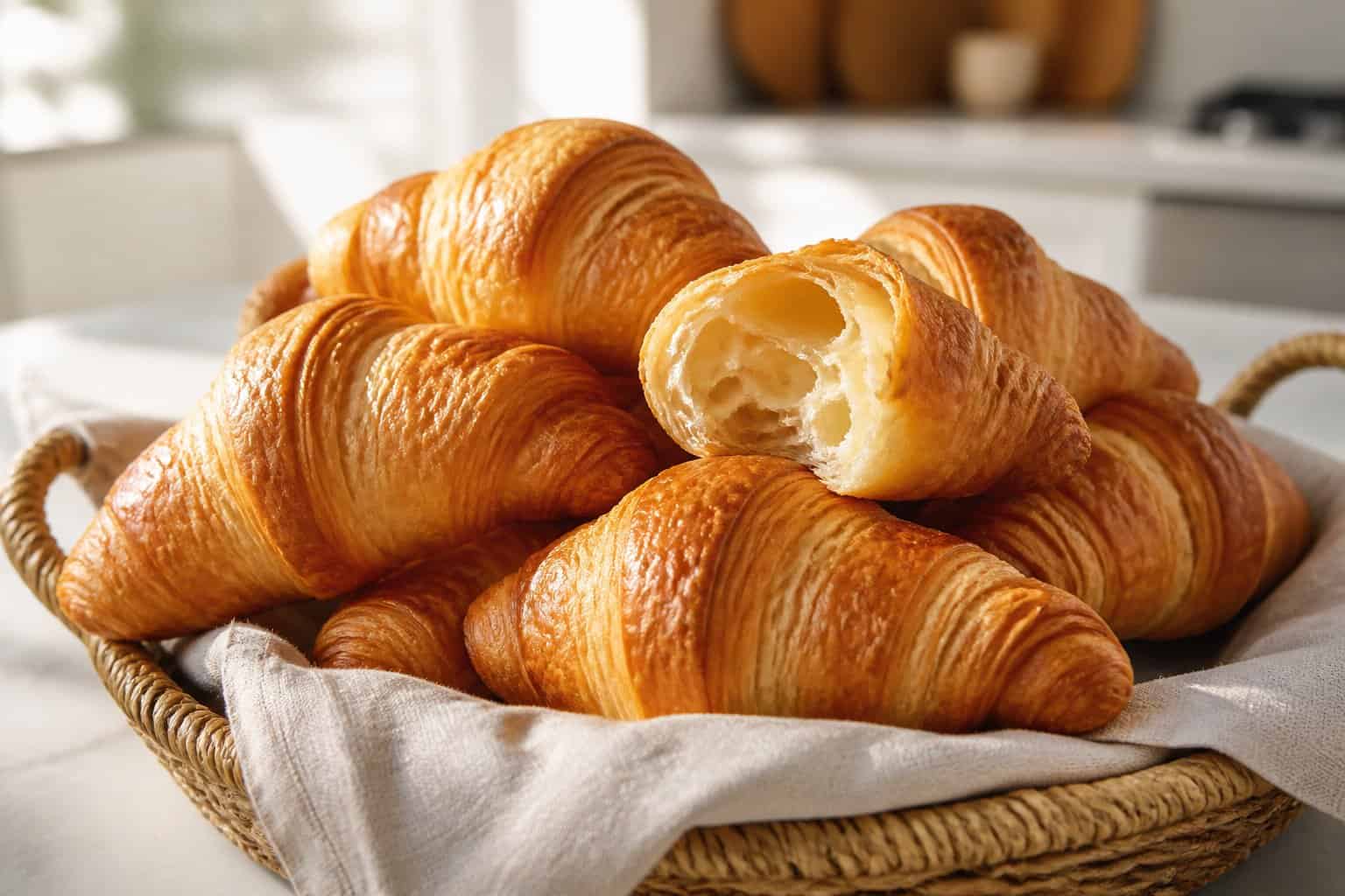 A basket of golden flaky croissants on a light kitchen counter, with one torn open to show its airy interior.