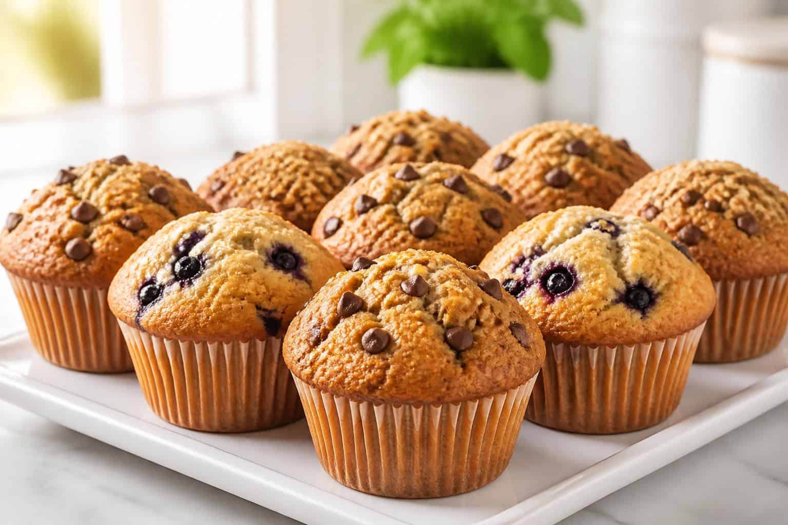 A plate of assorted golden-brown muffins on a kitchen counter.