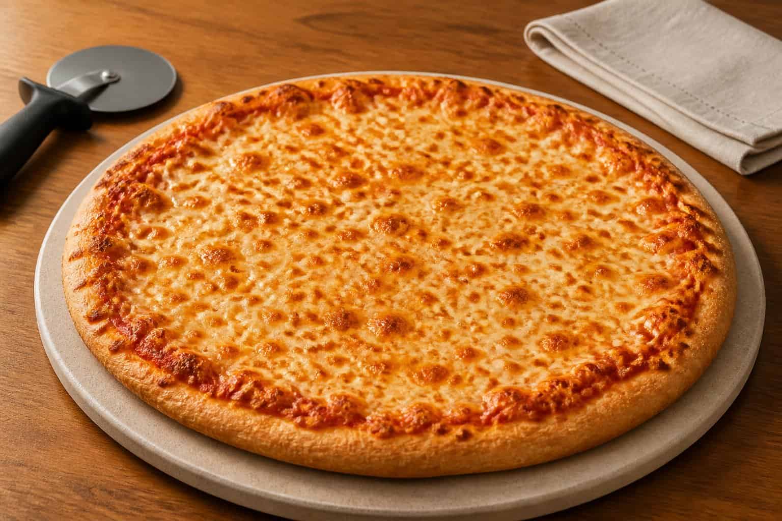 A freshly baked cheese pizza with a golden crust and melted mozzarella on a serving board.