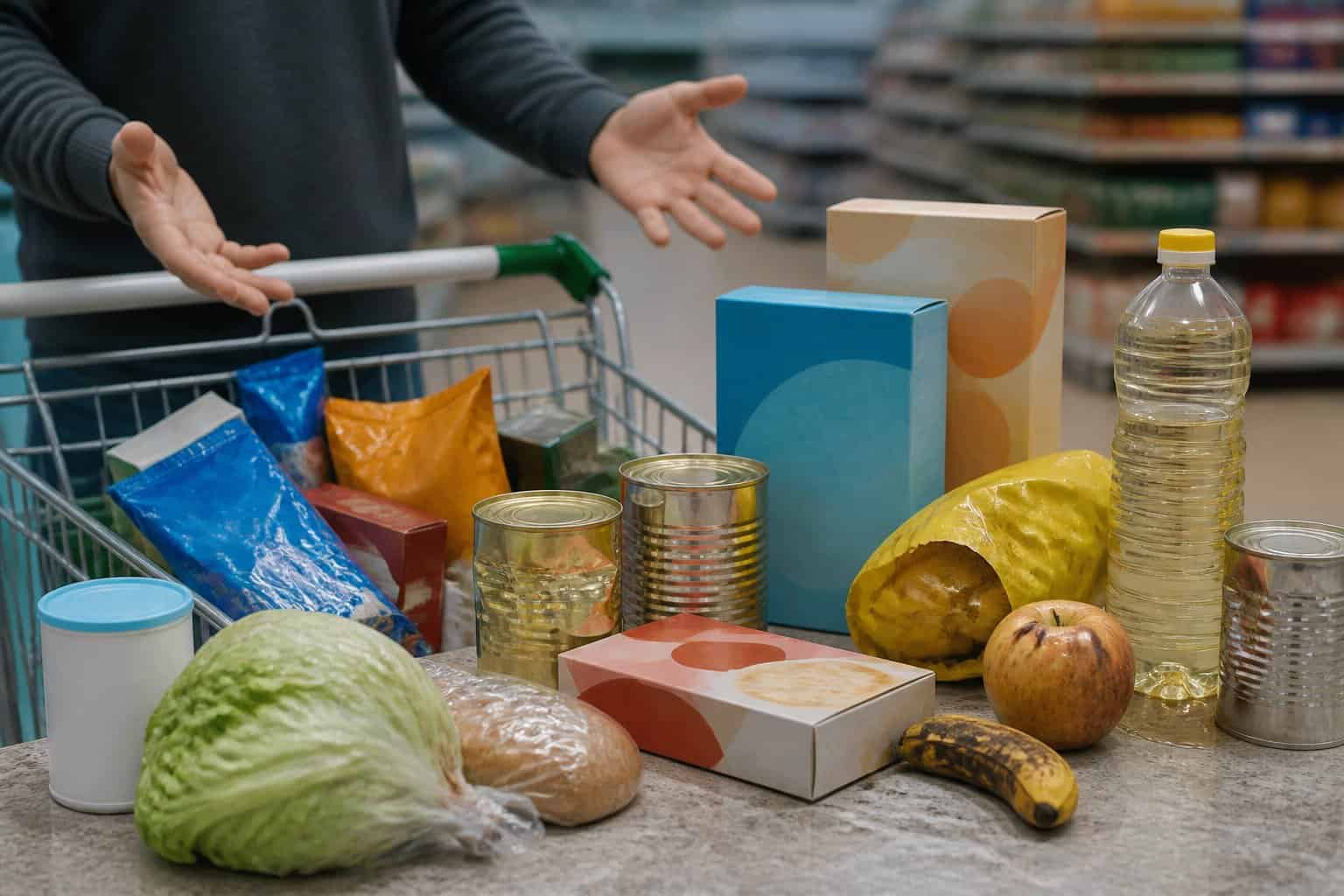 A shopper hesitates over a cart filled with dented cans, bland packaged foods, limp produce, and other disappointing grocery items.