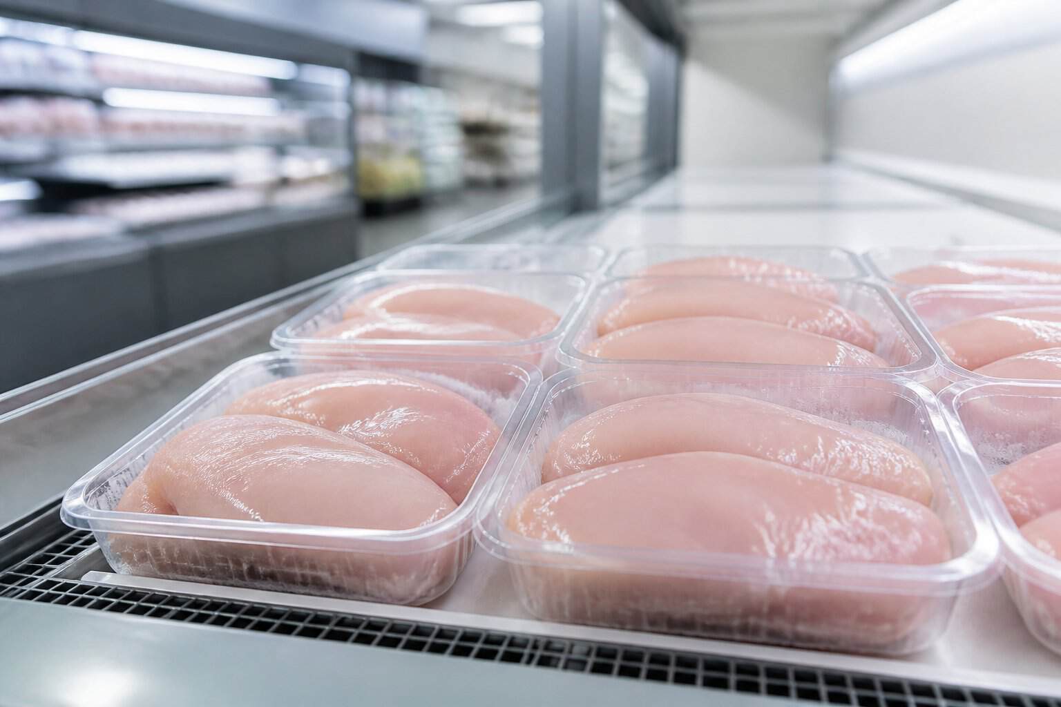 Packages of fresh boneless chicken breasts arranged in a refrigerated grocery store display.