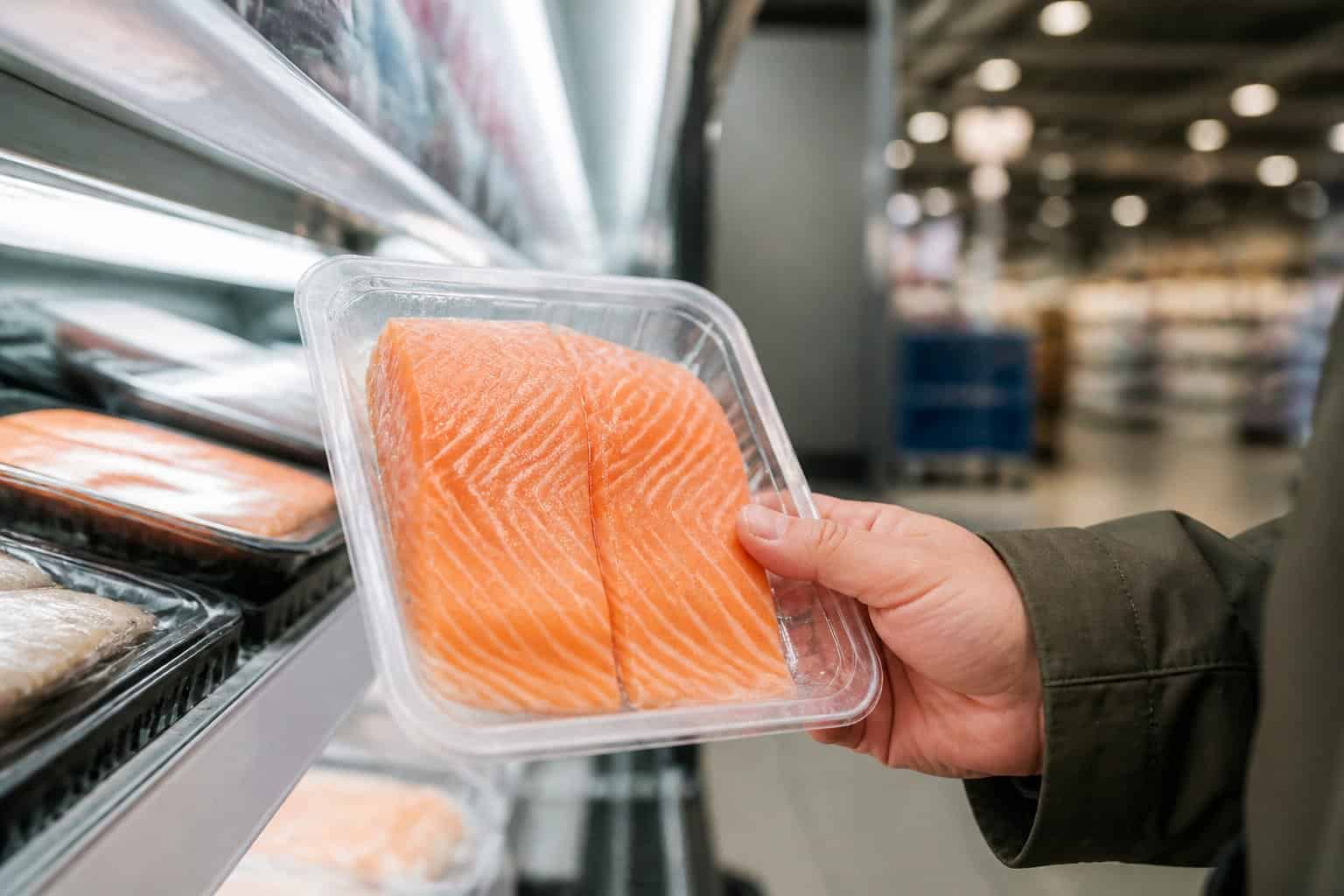 A packaged salmon fillet on a refrigerated grocery store shelf while a shopper examines it.