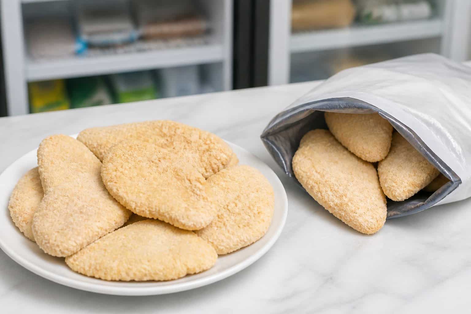Breaded frozen chicken breast fillets arranged on a white plate beside an open plain food package.