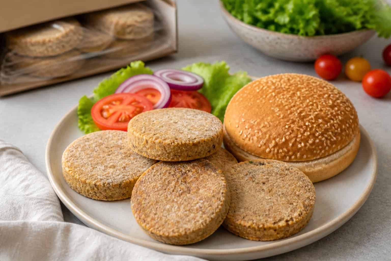 Veggie burger patties arranged on a plate with a bun, lettuce, tomato, onion, and vegetables.