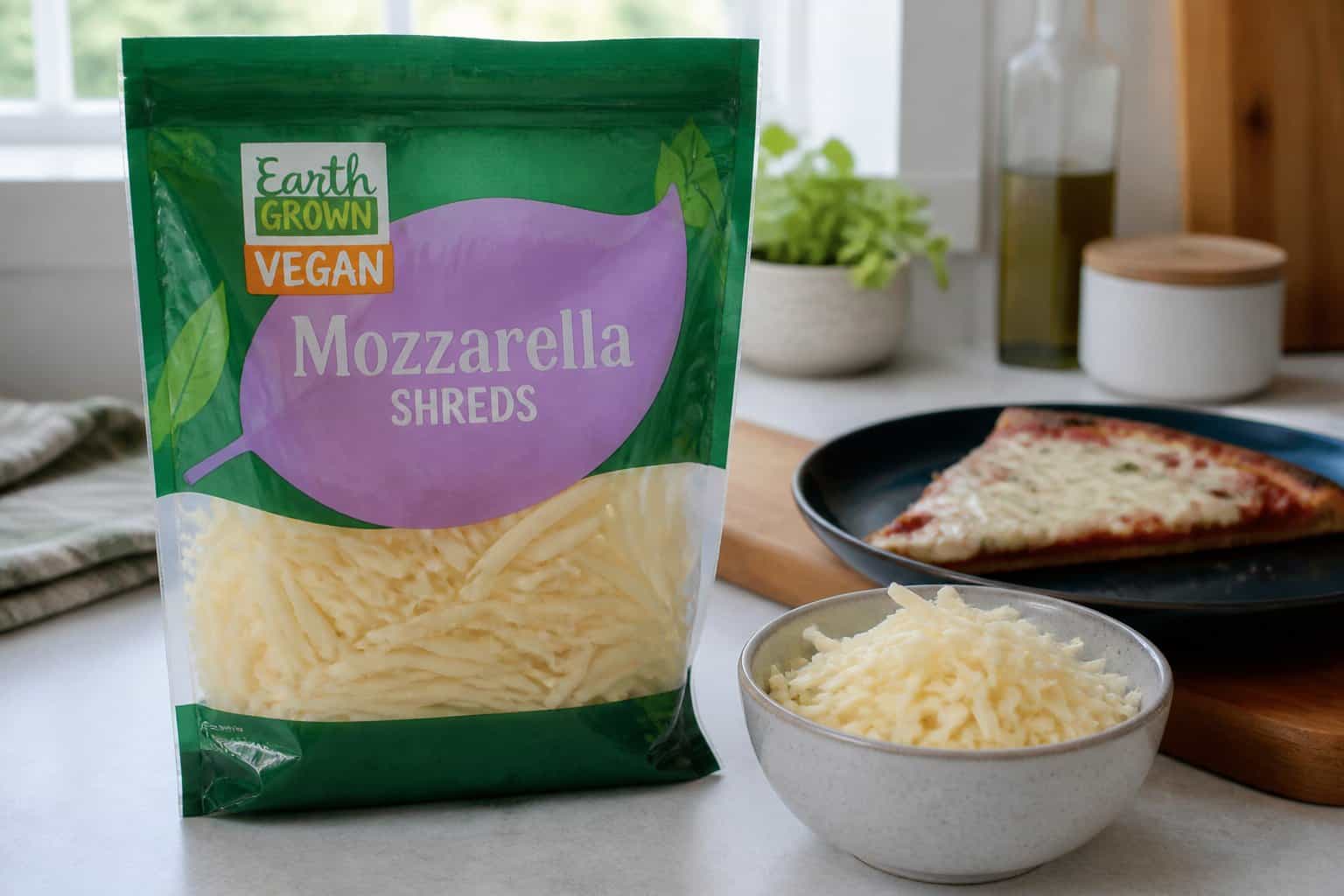 A package of vegan mozzarella shreds sits beside a bowl of shredded cheese and a slice of pizza on a kitchen counter.
