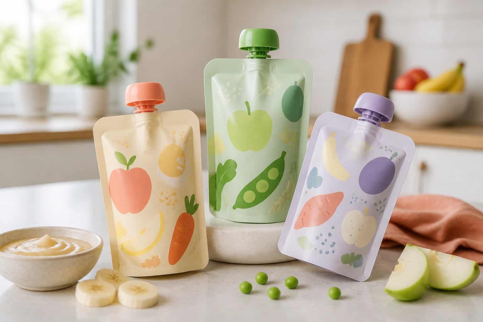 Several colorful baby food pouches sit on a kitchen counter beside a small bowl and pieces of fruit and vegetables.
