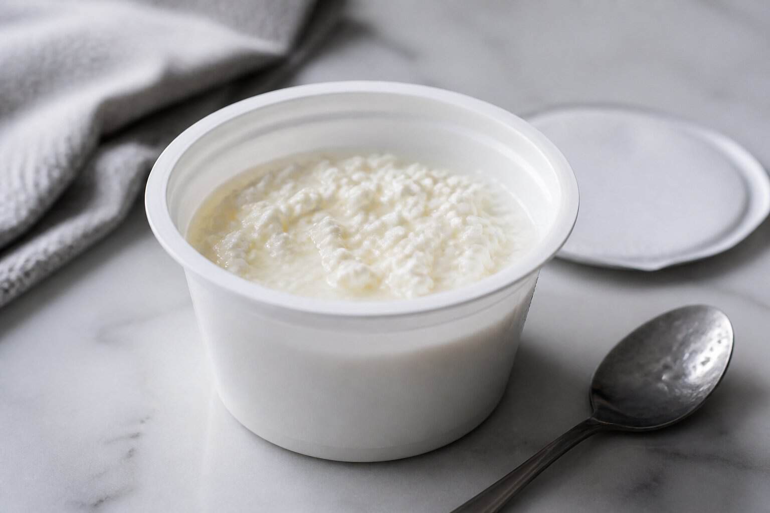 An open container of plain cottage cheese with a spoon on a kitchen countertop.