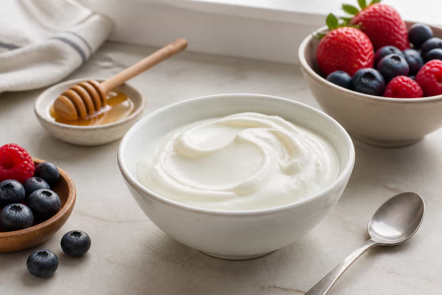 A bowl of plain Greek yogurt with berries and a spoon on a kitchen countertop.