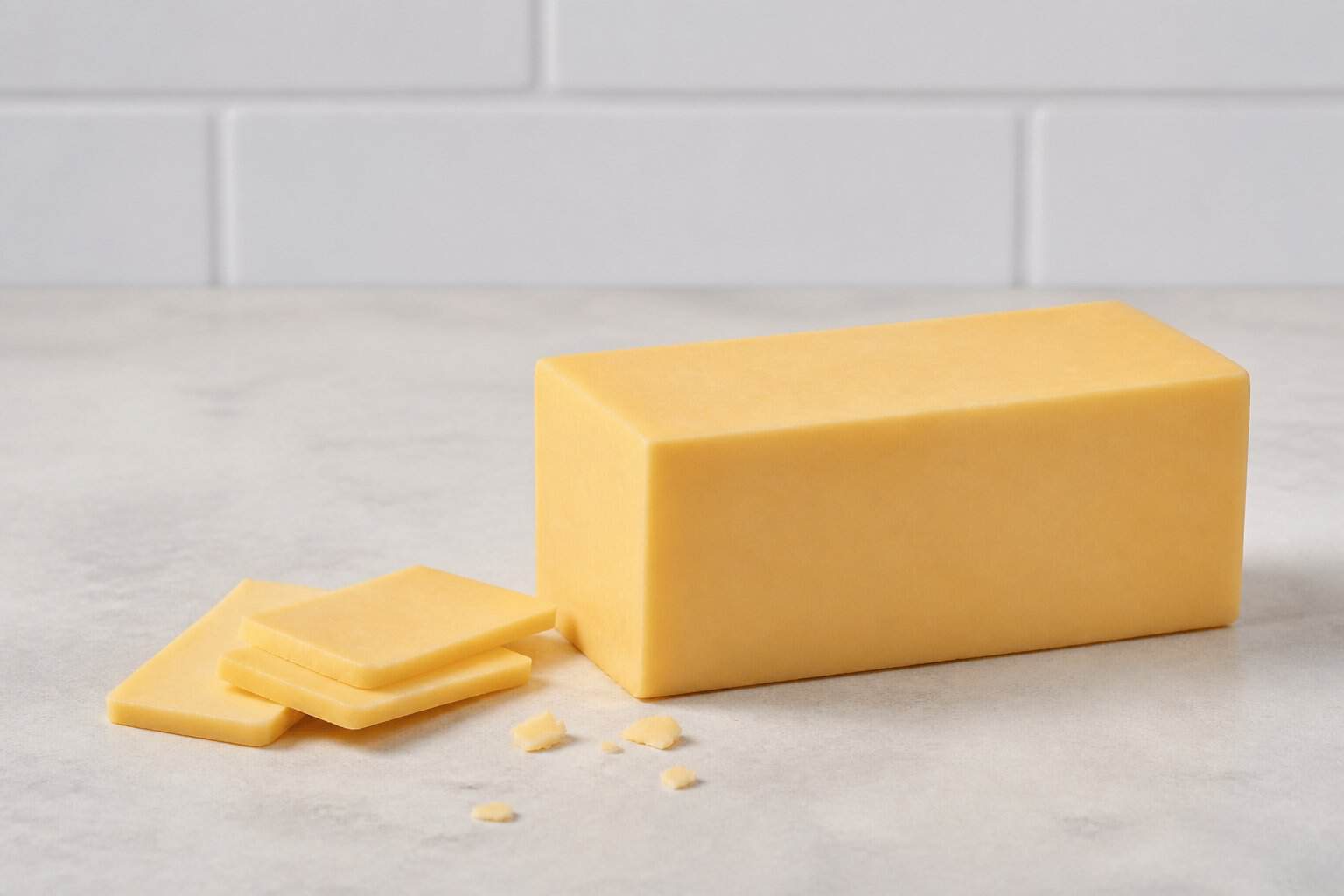 A block of reduced-fat cheddar cheese with several slices on a clean kitchen surface.