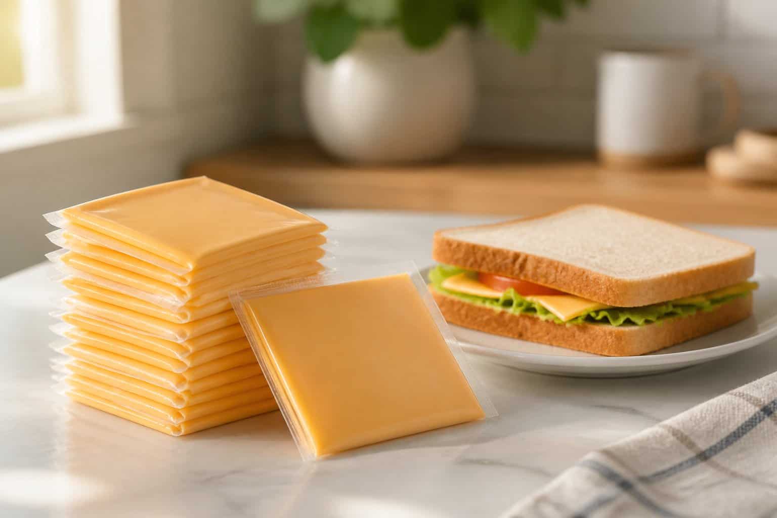 Individually wrapped cheese slices arranged beside a sandwich on a kitchen countertop.