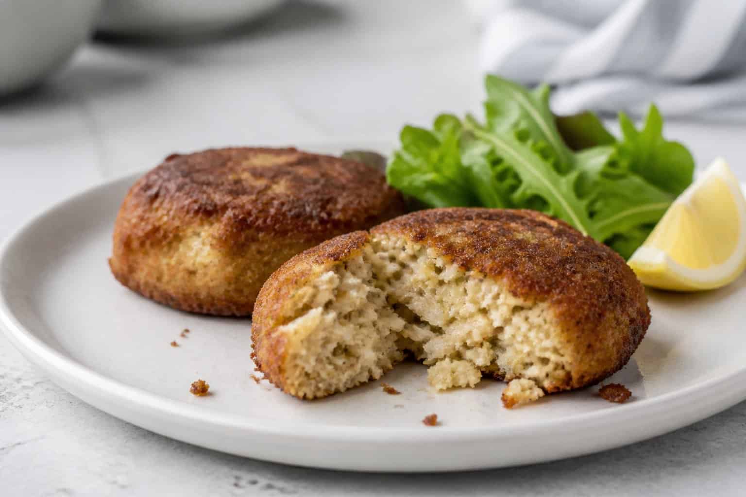 A plate of crab cakes, including one cut open to show its filling, with crumbs and a lemon wedge nearby.