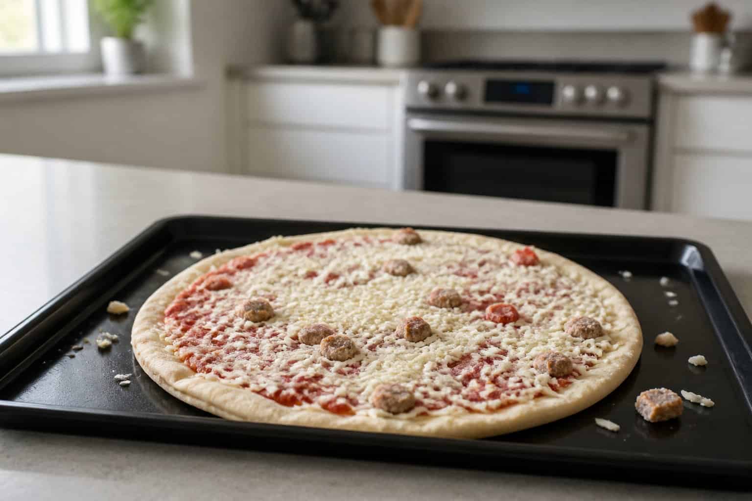 An unappealing uncooked pizza with sparse toppings on a baking tray in a kitchen.