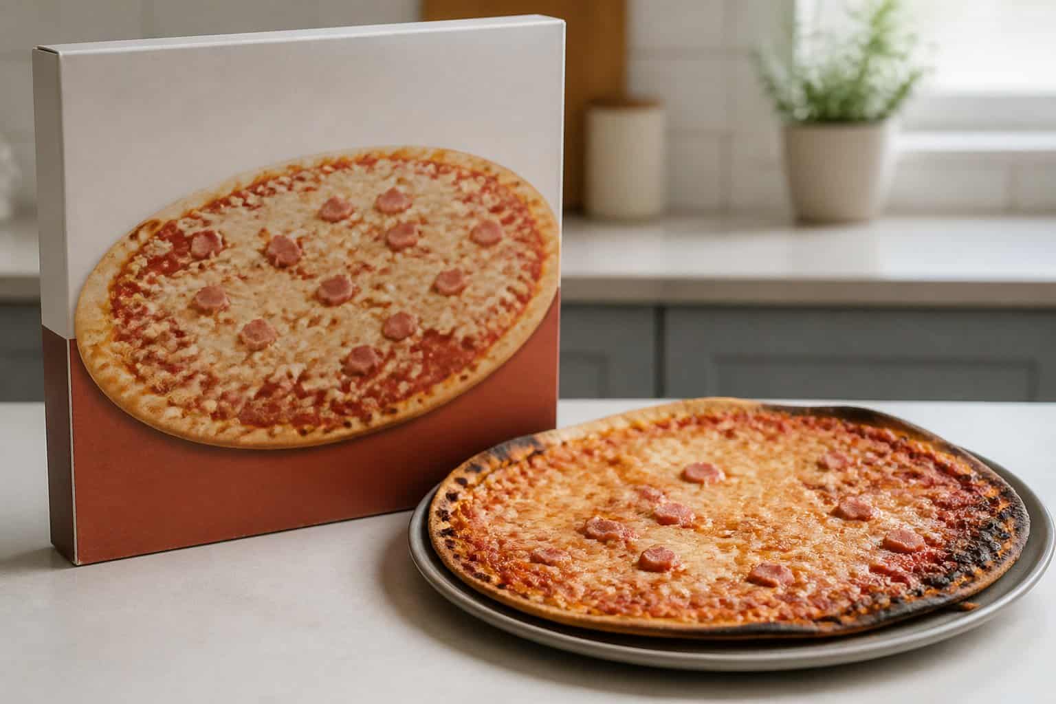 An unappetizing frozen deli-style pizza with sparse toppings and browned edges beside its plain package on a kitchen counter.