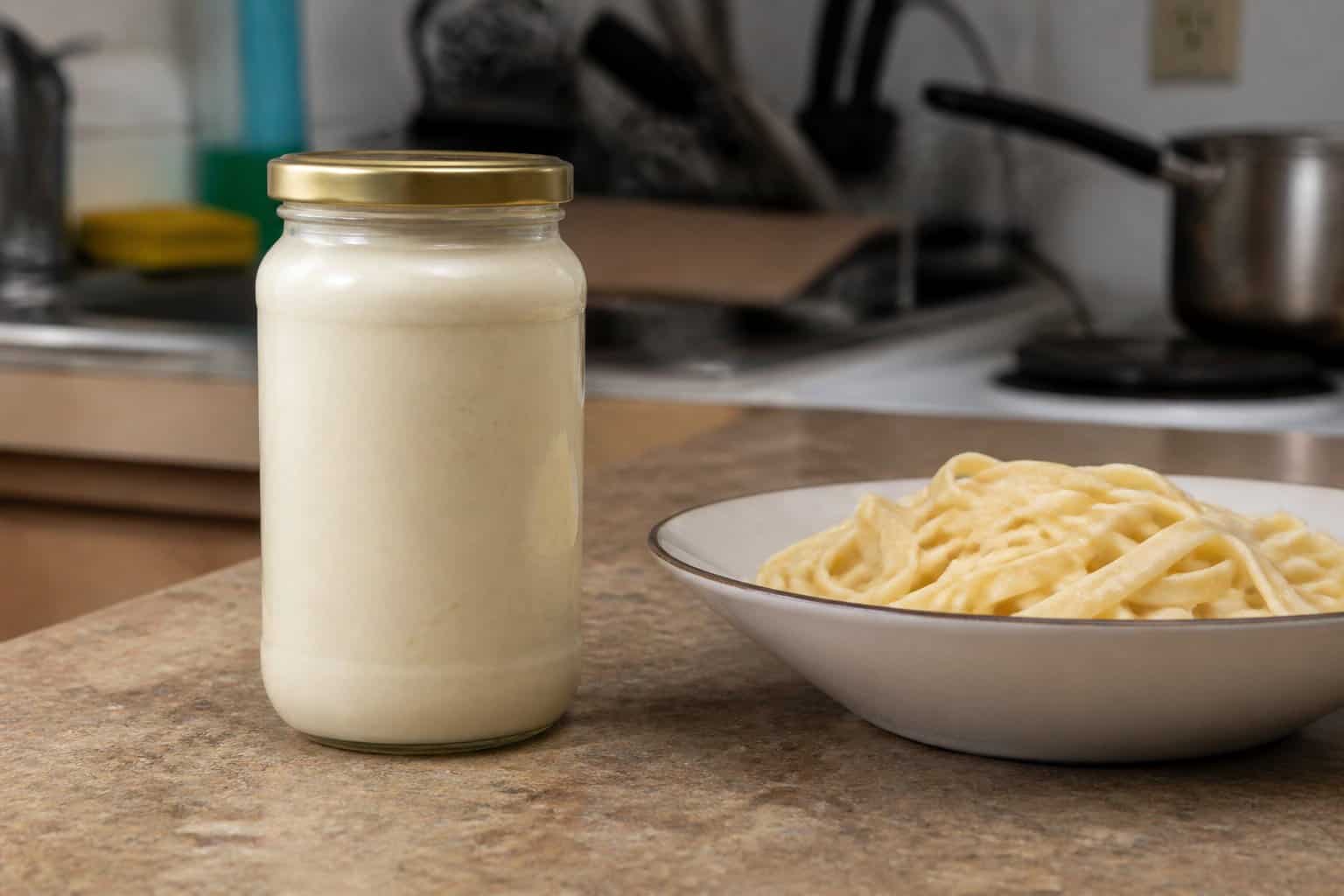 A jar of Alfredo sauce beside a bowl of plain pasta on a kitchen countertop.