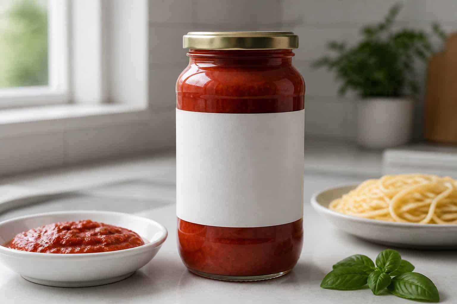 A jar of marinara sauce beside a bowl of pasta on a kitchen countertop.