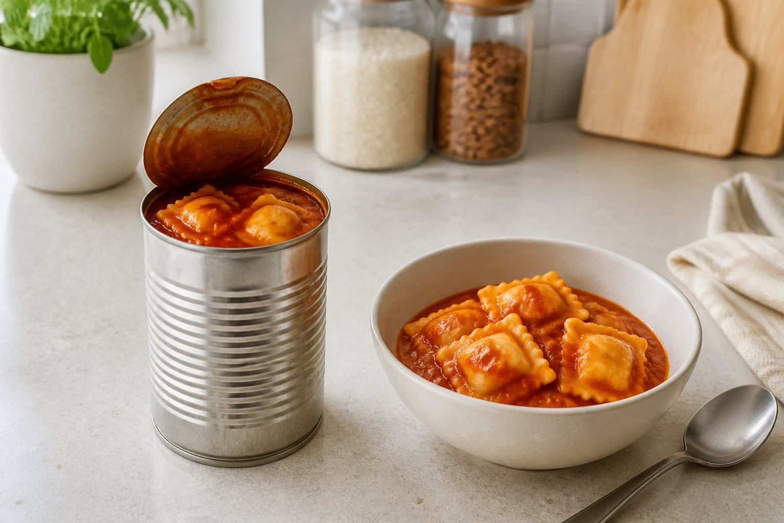 An opened can of ravioli in tomato sauce beside a bowl of ravioli on a kitchen counter.