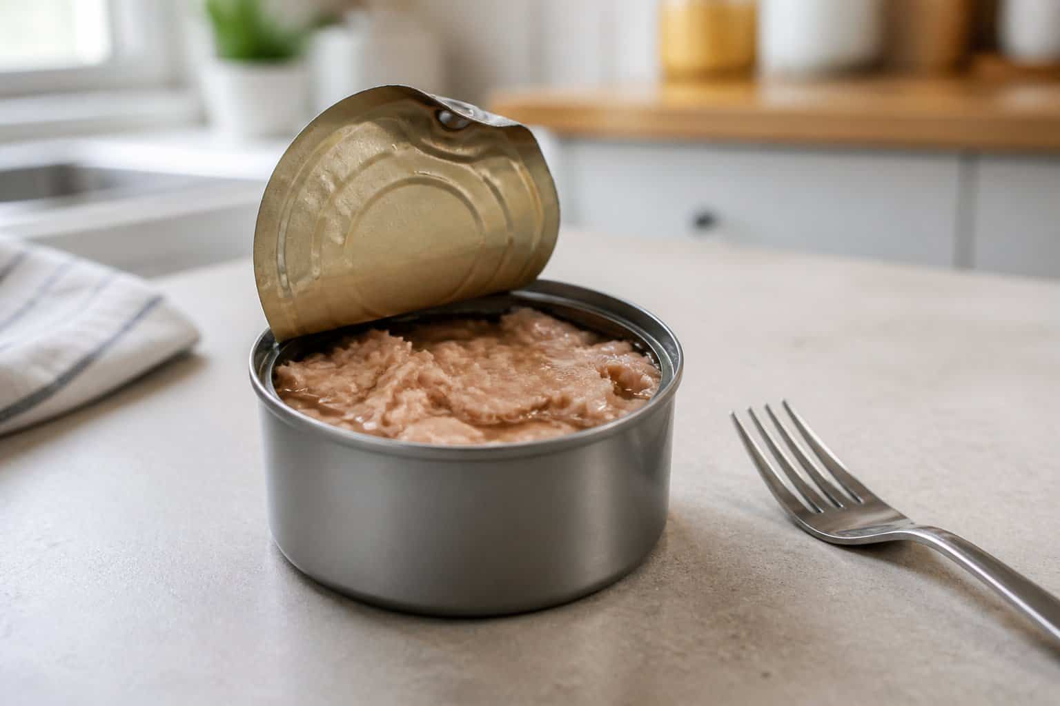 An opened can of tuna with a fork on a kitchen countertop.