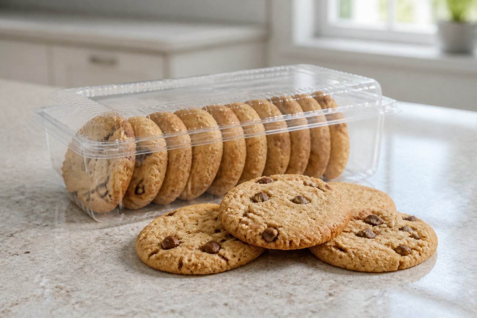 A generic package of chocolate chip cookies with several cookies arranged on a kitchen counter.