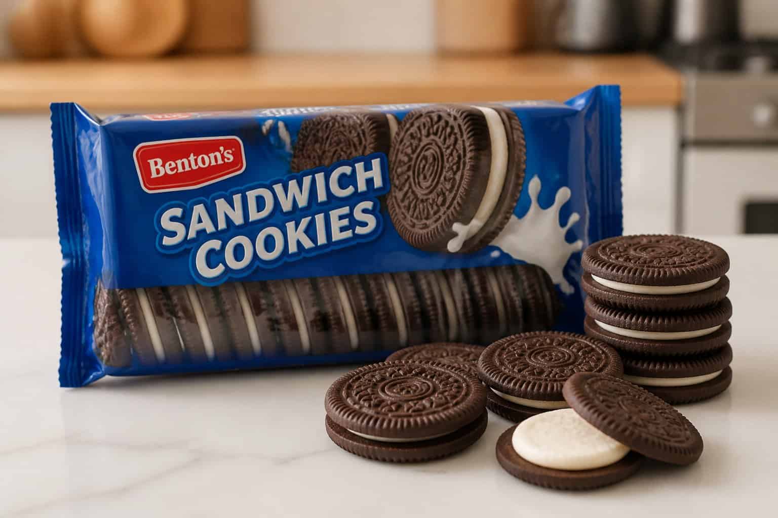 A package of chocolate sandwich cookies with several cookies arranged on a kitchen countertop.