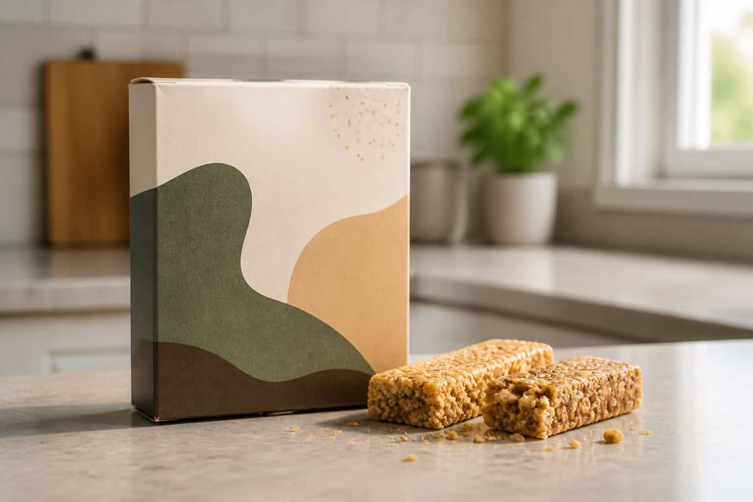 A plain granola bar package sits beside two unwrapped granola bars on a kitchen counter.