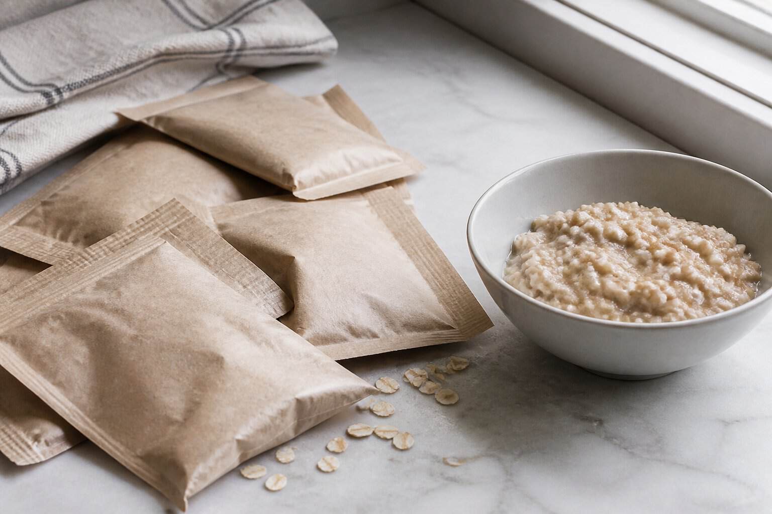 Several plain oatmeal packets sit beside a bowl of bland oatmeal on a kitchen countertop.