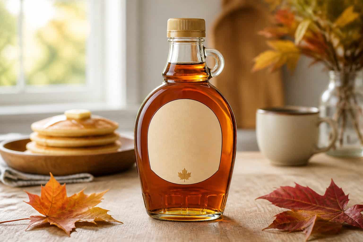 A bottle of maple syrup on a wooden kitchen table with maple leaves and pancakes in the background.
